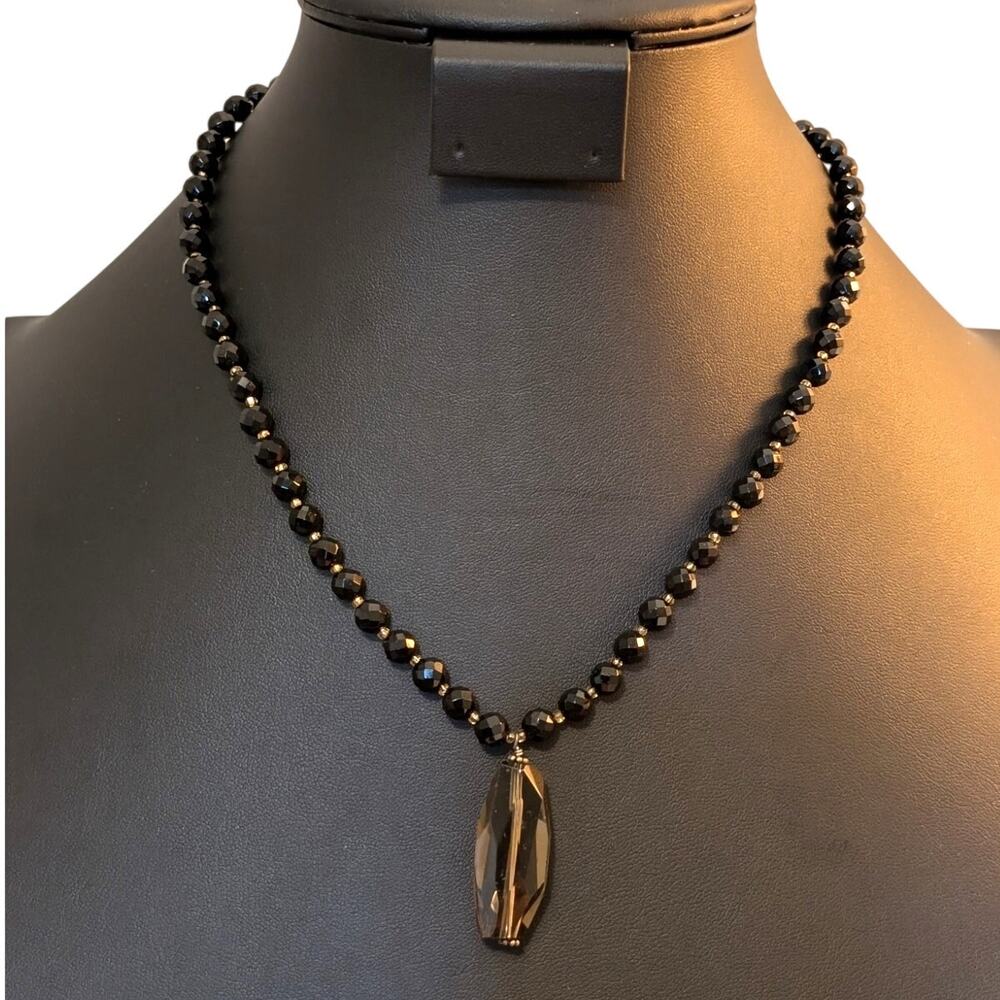 Peyote Bird Black Onyx Faceted Beads & Elongated Smoky Quartz Pendant Necklace